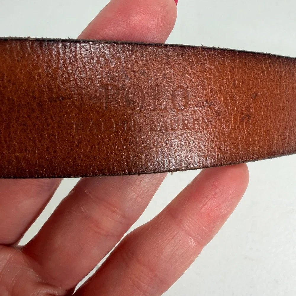 Polo Ralph Lauren 34 Belt Italian Leather Brass Buckle Logo Brown Rugged Preppy